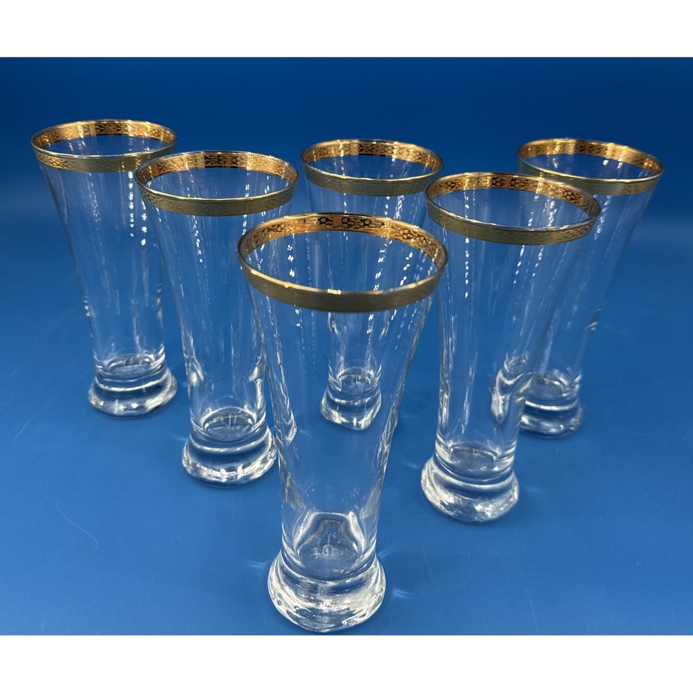 Vtg Pasabahce Beer Glass Set of 6 24K Gold Rim 10 oz Classic Pilsner Turkish
